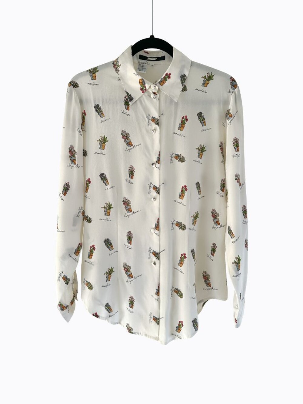 Vtg 90s Silk Flower Pot Print Blouse 10 Ivory Botanical Cottagecore Novelty Boho
